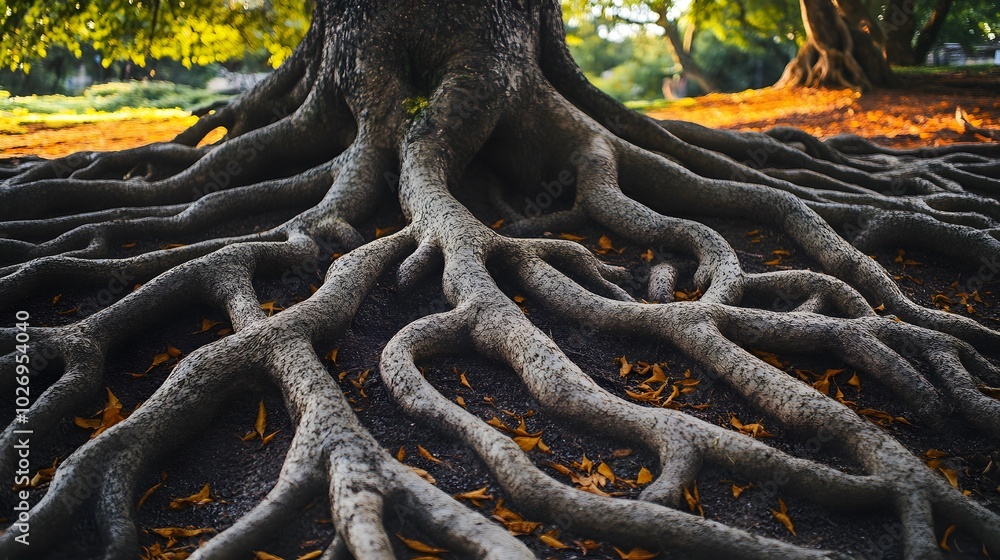 Poster a close-up of tree roots intertwining with the ground, creating natural patterns