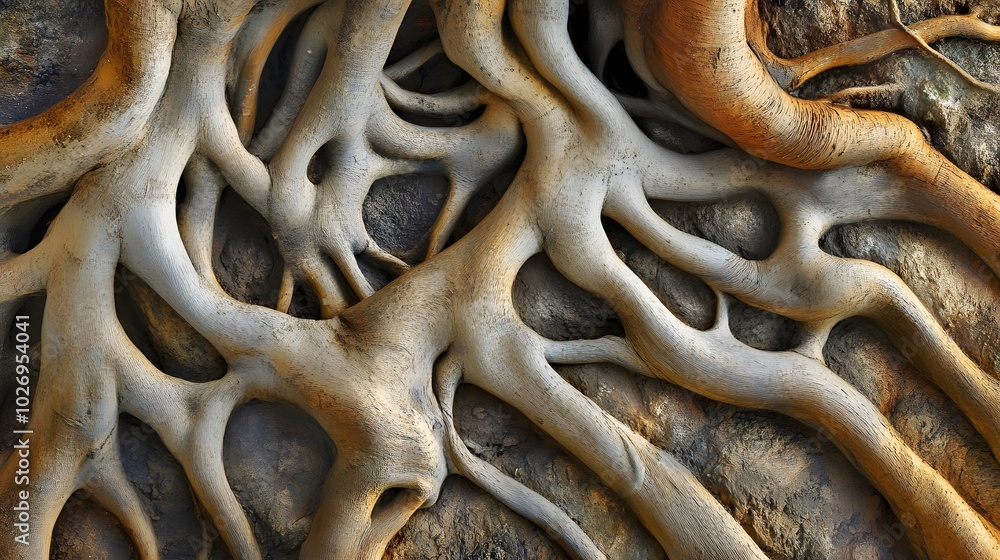 Aufkleber a close-up of tree roots intertwining with the ground, creating natural patterns