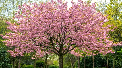 Fototapeta premium A cherry blossom tree in full bloom, with delicate pink flowers against a bright spring sky