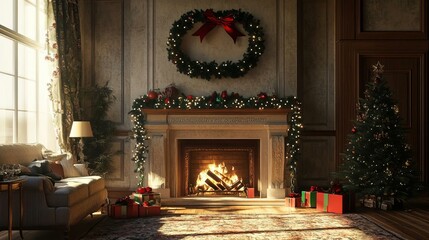 Cozy Christmas Living Room with Fireplace and Festive Decor for a Warm Holiday Atmosphere