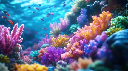 Vibrant coral reef teeming with colorful marine life and diverse underwater flora.