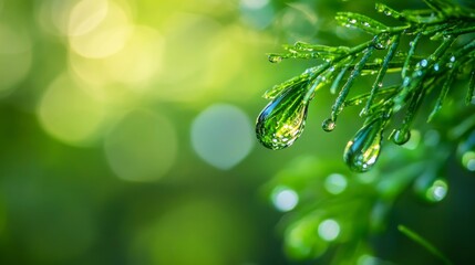 Obraz premium focus photo of a drop of dew from green foliage