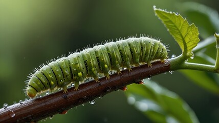 Fototapeta premium A vibrant green caterpillar, adorned with spines, perches on a slender twig.