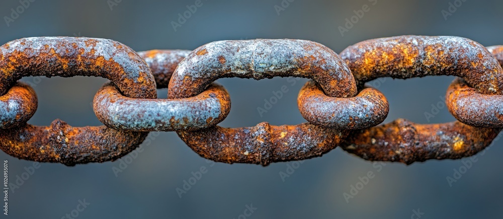 Poster close-up of a rusty chain with multiple links, showing signs of weathering and corrosion.