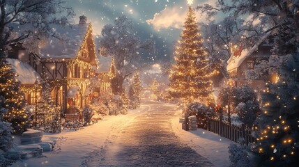 Enchanting Snowy Village with Christmas Lights and Festive Spirit