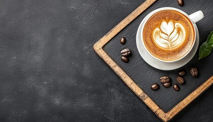 Coffee cup with latte art on slate board, surrounded by coffee beans.