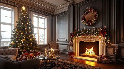 A Cozy Christmas Living Room with a Tree and Fireplace: Embracing the Holiday Spirit in Elegant Decor