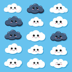 Cartoon clouds isolated on blue sky panorama collection. Cloudscape in blue sky, white cloud illustration Pro Vector