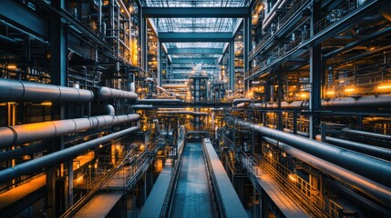 Fototapeta premium The infrastructure of an industrial plant, including piping, electrical systems, and steel beams, highlighting the complexity of the facility's design.