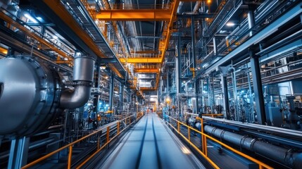 Obraz premium The interior of an industrial plant, with rows of production lines, machinery, and control systems, emphasizing efficiency and organization.