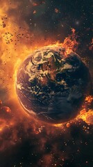 Global with fire in space with flames and stars