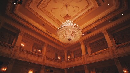 Obraz premium Elegant chandelier in a grand, ornate interior of a luxurious hall.