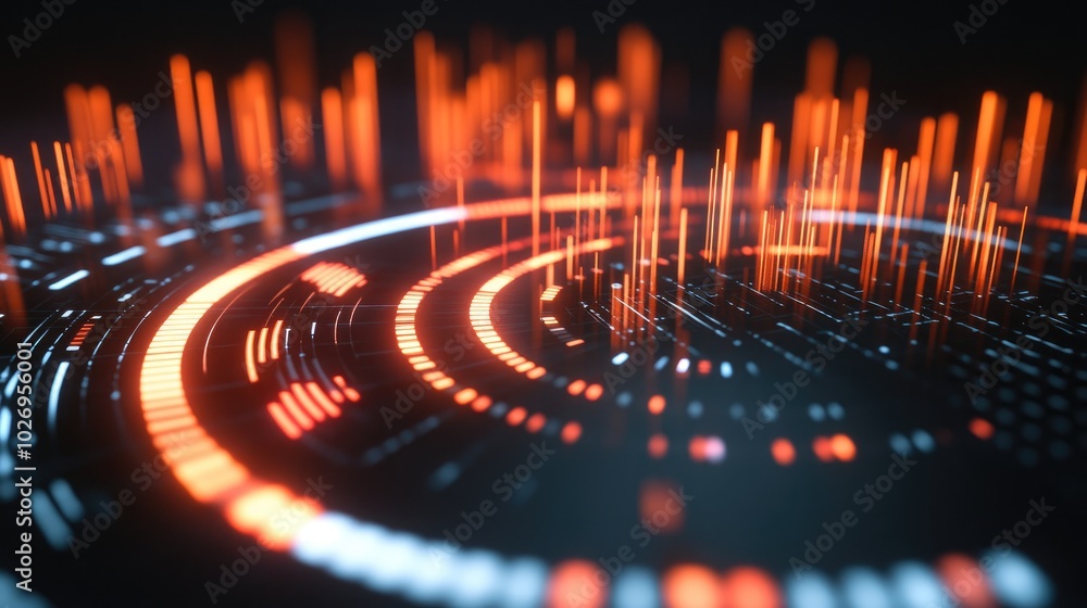 Poster a circular equalizer with dynamic sound waves, traveling through the frequency spectrum in an abstra