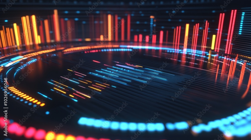 Poster a circular equalizer with dynamic sound waves, traveling through the frequency spectrum in an abstra