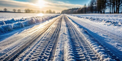 Snow-covered road in winter with close up details of tire tracks and icy patches , winter, road, close up, background, snow