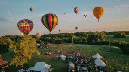 A hot air balloon festival with hundreds of balloons floating serenely above a scenic countryside, while spectators watch in awe.