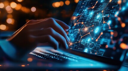 A hand interacting with a laptop displaying digital data and connections.