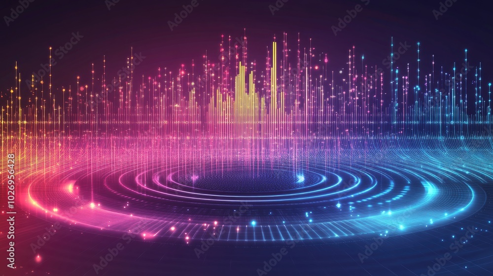Poster a digital sound equalizer in circular form, sending out waves of sound through the frequency spectru