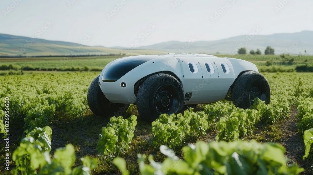 Poster a futuristic agricultural robot analyzing crop health using advanced sensors in a large farmland.