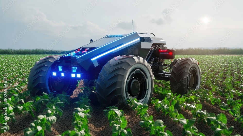 Aufkleber a futuristic agricultural robot analyzing crop health using advanced sensors in a large farmland.