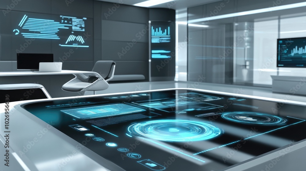 Poster a futuristic office setup with holographic data visualizations, highlighting advanced business analy