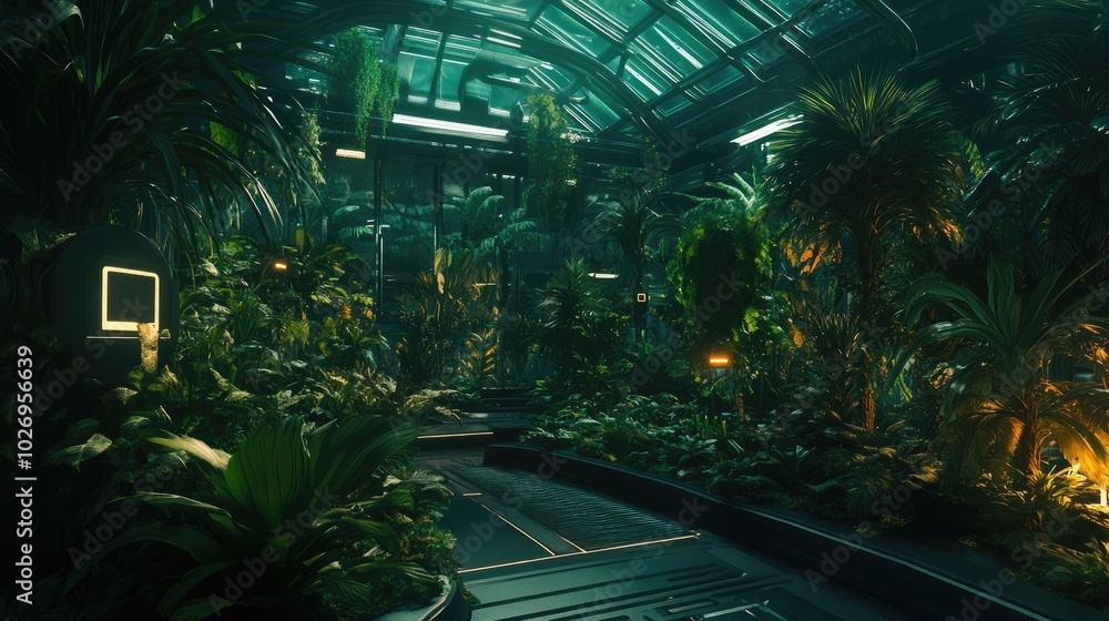 Poster a futuristic greenhouse filled with automated systems and ai-controlled sensors for optimal plant gr