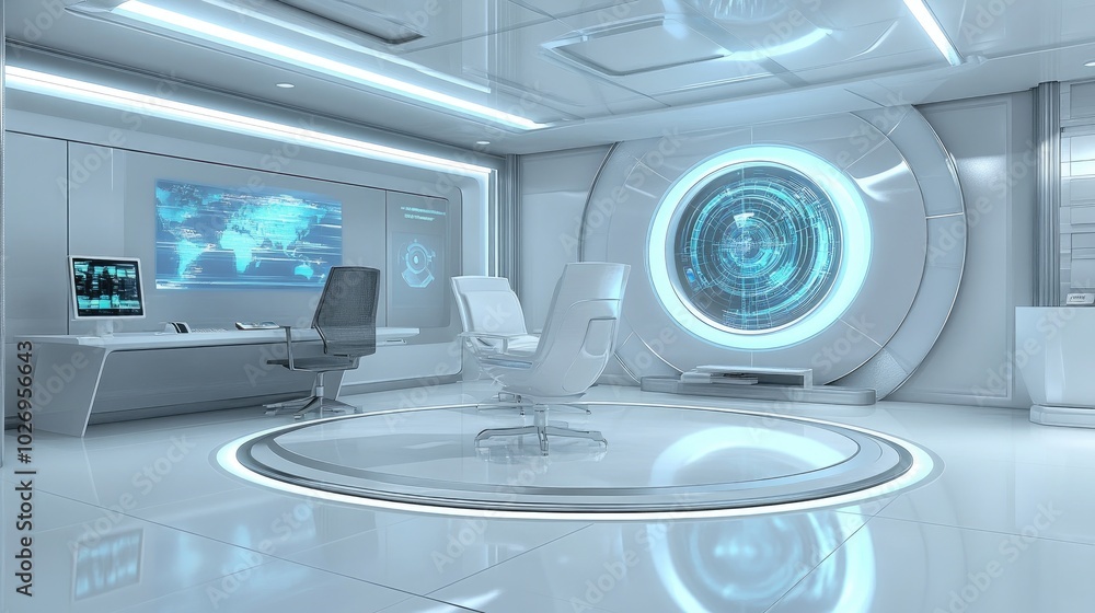 Poster a futuristic office setup with holographic data visualizations, highlighting advanced business analy