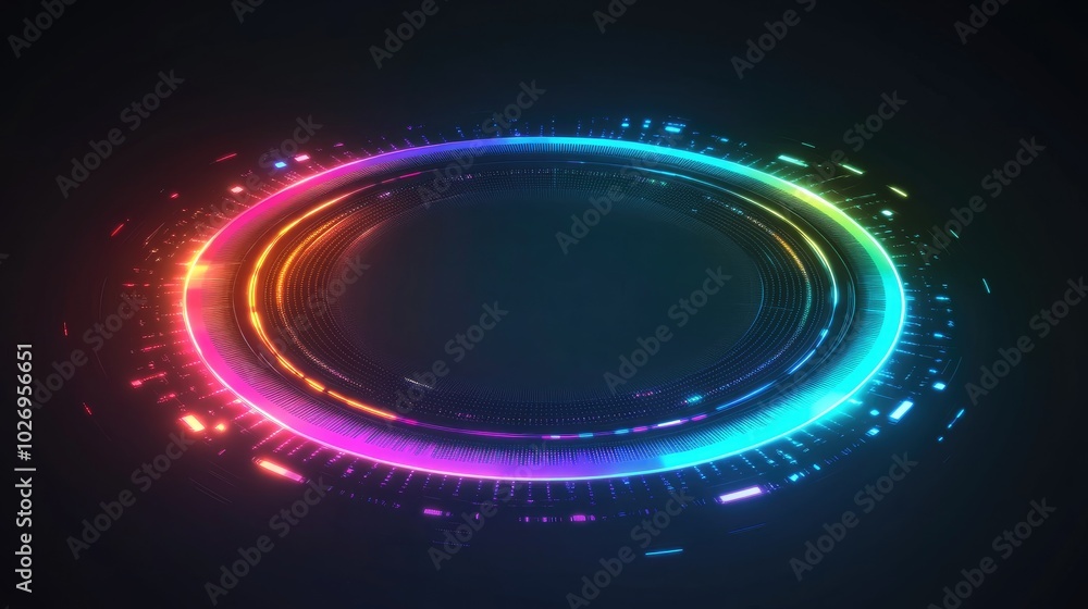 Poster A glowing circular equalizer with pulsating sound waves radiating through the spectrum, creating an abstract digital pattern.