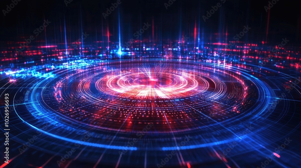 Poster A glowing circular equalizer with pulsating sound waves radiating through the spectrum, creating an abstract digital pattern.