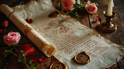 A medieval wedding invitation styled like a scroll, with wax seals and calligraphy, announcing the grand event in a regal tone.