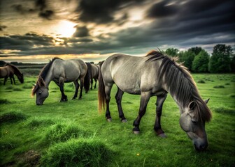 Fototapeta premium Long Exposure of Polish Konik Horses Grazing in Marielyst Nature Reserve, Denmark