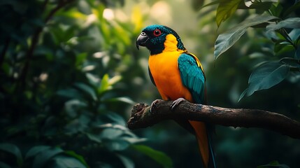 Obraz premium Yellow-Collared Parrot Perched on a Branch in a Lush Green Forest
