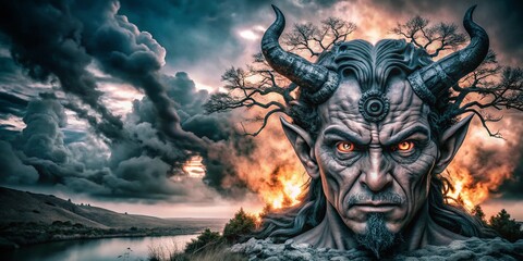 Long Exposure of the Head of Satan in a Dark, Eerie Landscape with Fiery Elements for Creative Digital
