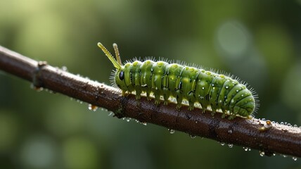 Fototapeta premium A vibrant green caterpillar, adorned with spines, perches on a slender twig.