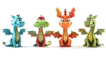 Fototapeta premium Set of dragon cartoon characters isolated on a white background