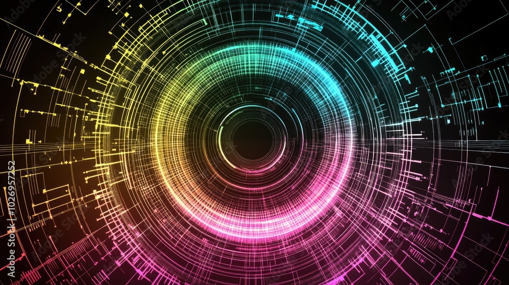 Aufkleber abstract circular sound equalizer, visualizing sound waves and frequencies in bright, neon colors.