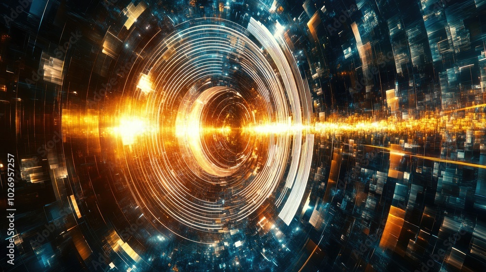 Poster abstract circular sound equalizer with pulsing waves flowing across the frequency spectrum, dynamic 