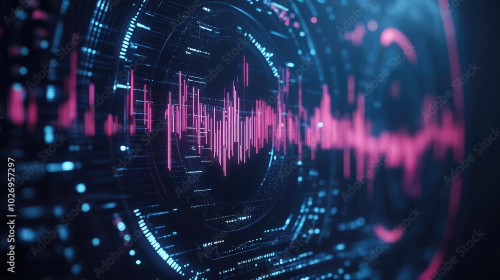 Poster abstract circular sound equalizer with pulsing waves flowing across the frequency spectrum, dynamic 