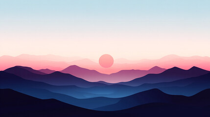 Obraz premium A pink sun sets over a vast mountain range, the silhouettes of the peaks fading into the horizon.