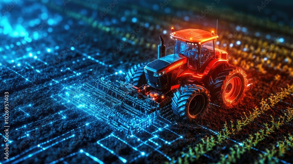 Poster aerial view of a smart farm using precision farming technology, with automated machines tending crop