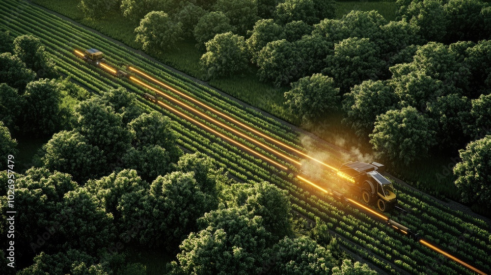 Poster aerial view of a smart farm using precision farming technology, with automated machines tending crop