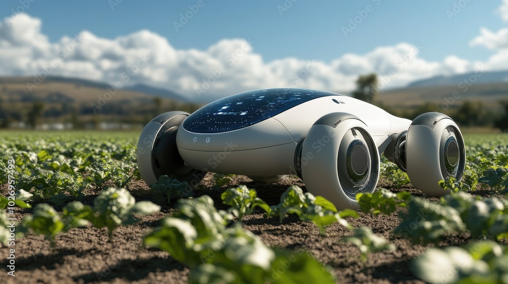 Poster agricultural data robot scanning crops with laser sensors, collecting data for precision farming.