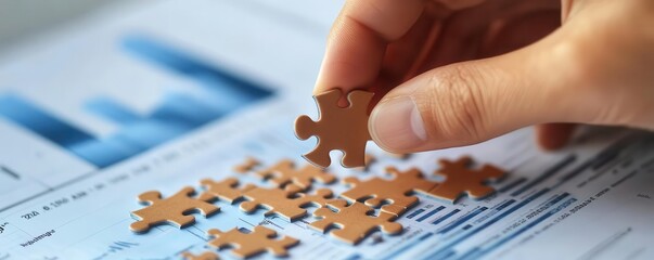 Closeup of hand placing a puzzle piece into a financial growth chart, investment, business strategy and planning