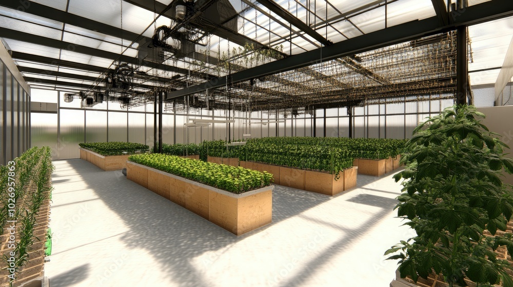 Poster automated vertical farming system inside a high-tech greenhouse, optimizing space and resources.