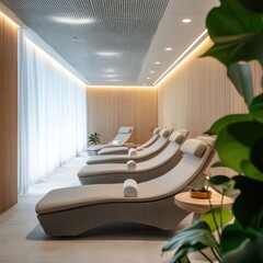 A serene spa lounge with reclining chairs and soft lighting for relaxation.