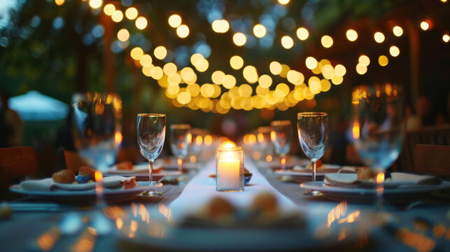 A rustic backyard wedding reception with a long dinner table, candles, and soft music playing in the background.