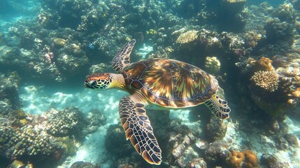 Fototapeta premium A green sea turtle swimming gracefully through crystal-clear water, surrounded by colorful coral reefs.