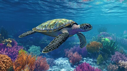 Obraz premium A green sea turtle swimming gracefully through crystal-clear water, surrounded by colorful coral reefs.