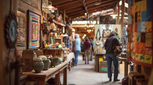 A rustic indoor craft festival with wooden stalls selling pottery, quilts, and handmade jewelry, as visitors admire the artisans' handiwork.