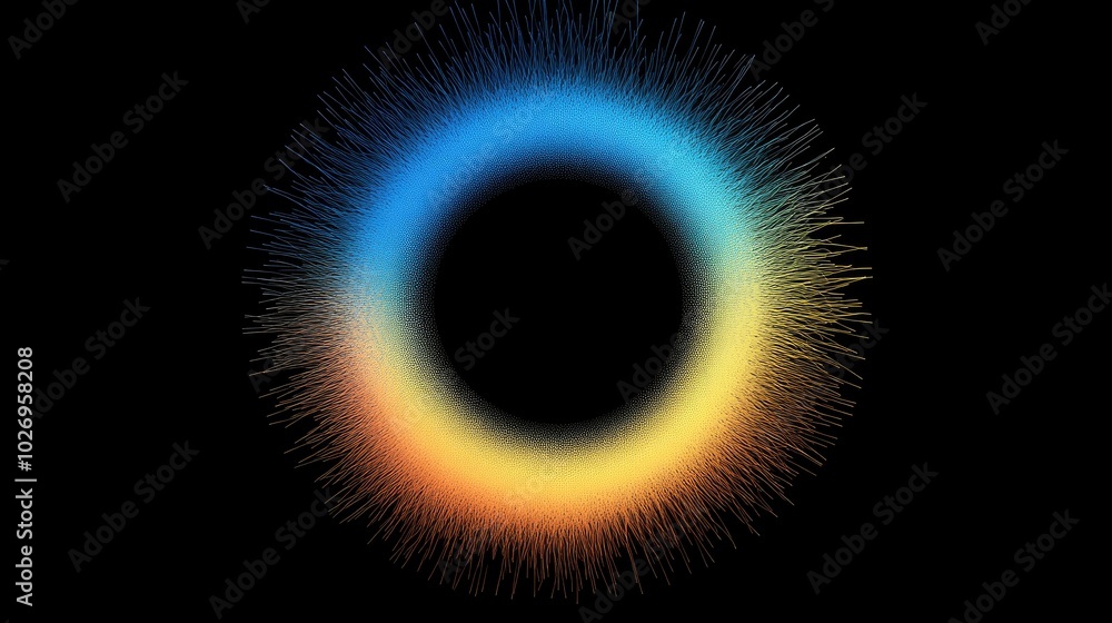 Poster circular equalizer radiating sound waves in all directions, abstract visual representation of freque
